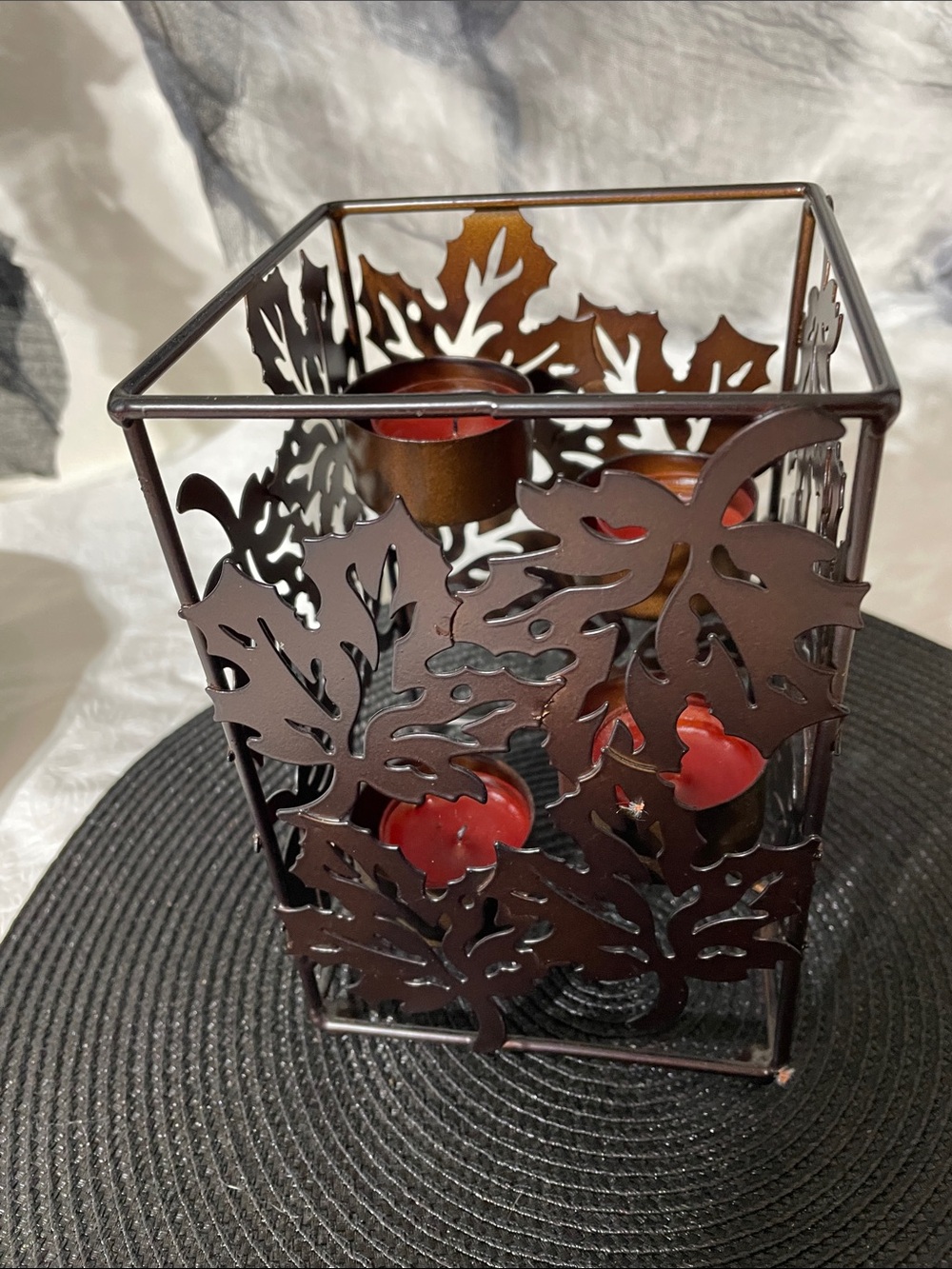 Pier 1 Brown Metal Leaf Tealight Holder with Red Candles
